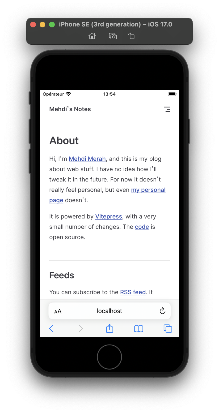 Simulator showing an iPhone SE (3rd generation) using iOS 17.0. The About page of Mehdi Merah’s blog is displayed in Safari.